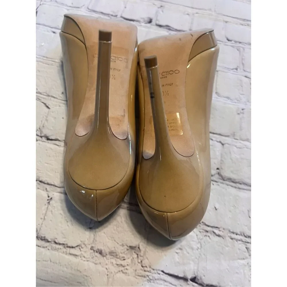 Jimmy Choo Sz 40.5 Open Toe Pump Heels Tan Patent Leather Classic Iconic Formal
